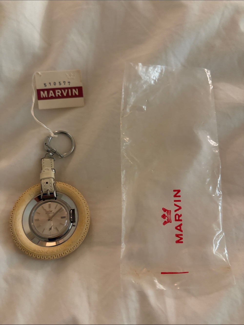 Vintage 1960s Marvin Swiss Tyre Watch Mechanical Keychain Original Tag